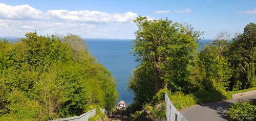 Railway car down a cliff to a beach