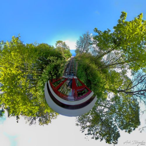 Railway car down a cliff to a beach