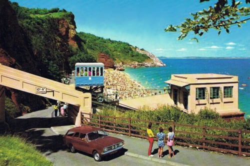 Cable car and group of people on a beach Babbacombe Cliff Railway, Torquay - History