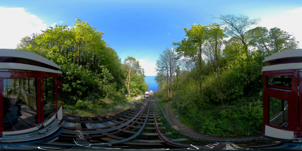 Railway car down a cliff to a beach