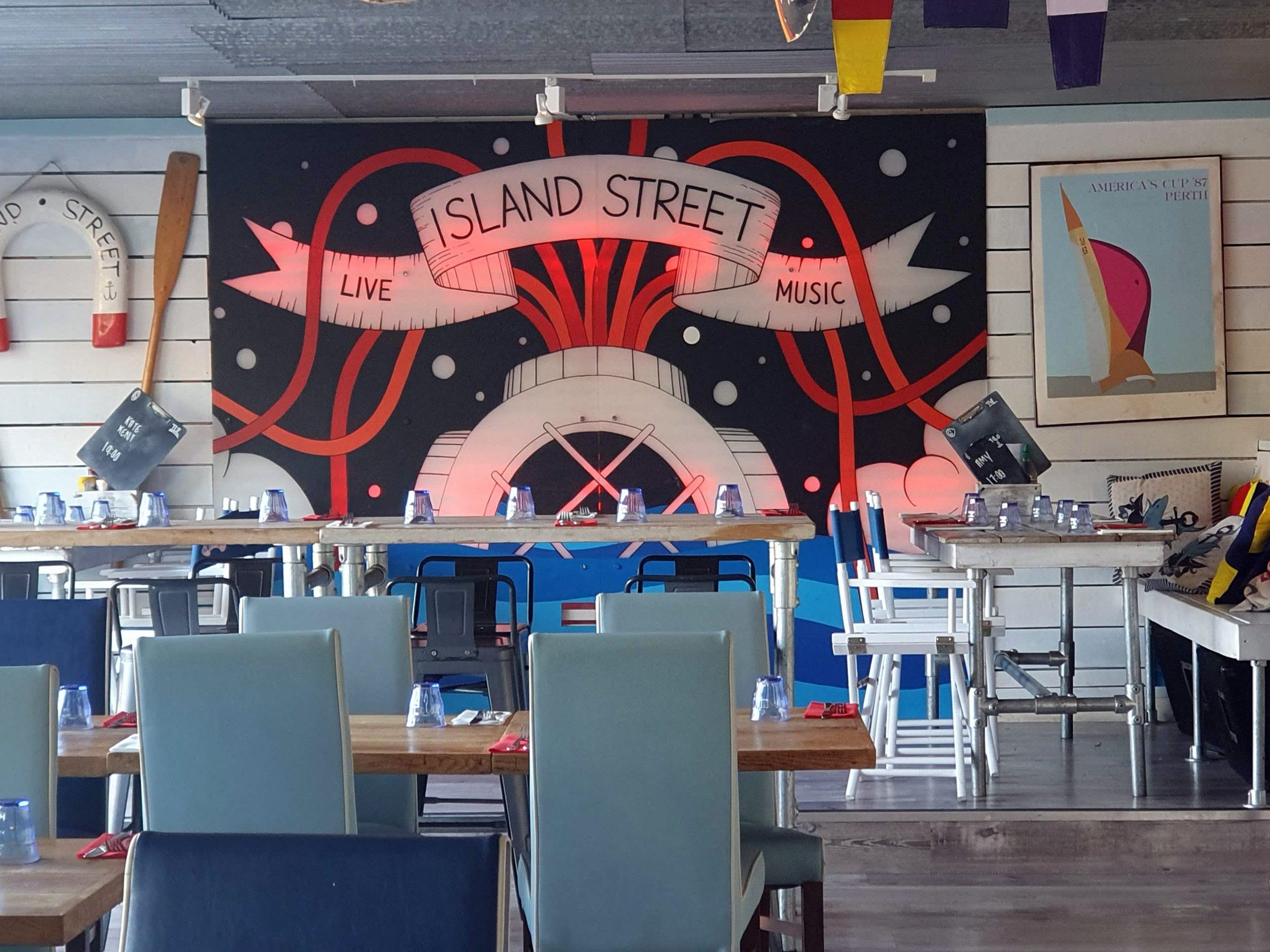 Island Street sign inside restuarant