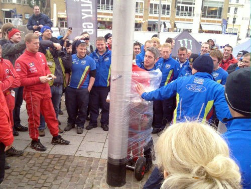 Ford Citreon Mechanics tied to a pole Rally GB 2010 Cardiff 2 Ford Citreon Mechanics tied to a pole Rally GB 2010 Cardiff 2