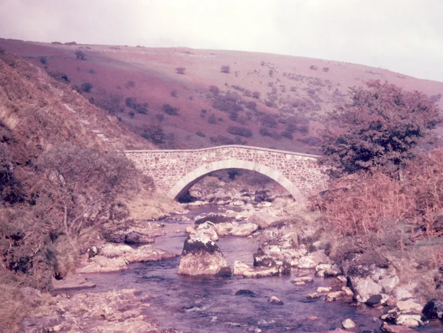 Pack horse bridge over the Meldon river before the building of the Meldon reservoir South West Water
