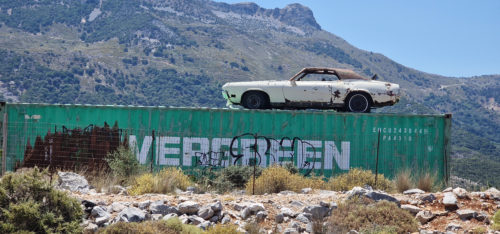 Modern Art Musclecar on Container 20220625 Crete Greece Modern Art Musclecar on Container 20220625 Crete Greece