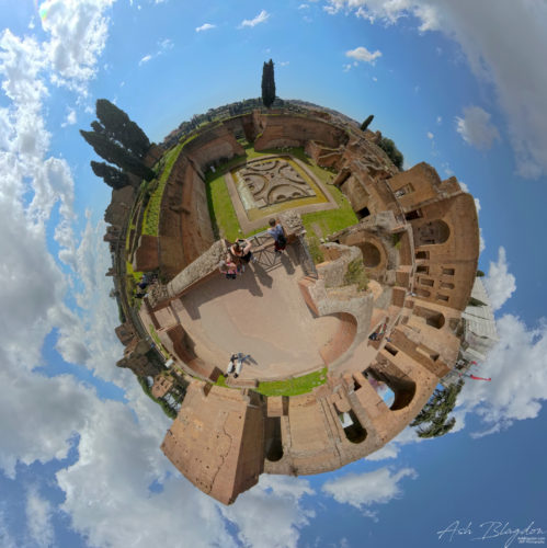 Fountain of the Pelte Tiny Planet 20250326, Palatine Hill, Rome, Italy